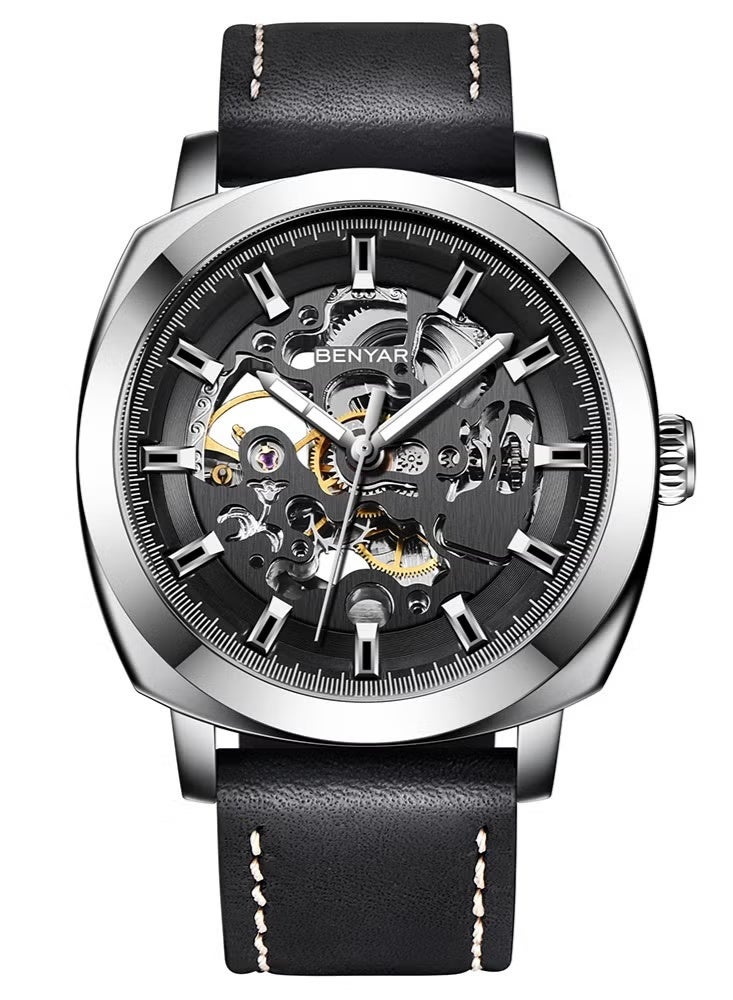 BENYAR Automatic Watches for Men | Skeleton Mechanical Leather Strap Mens Watch | 45mm Dial | 30M Waterproof | Men's Stylish Gift - Image 1